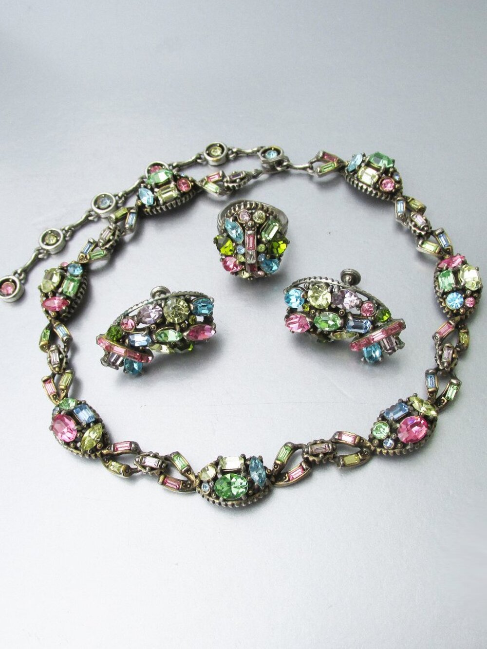 Vintage HOLLYCRAFT Signed 1955 Fruit Salad Rhinestone Necklace Earrings RING Set